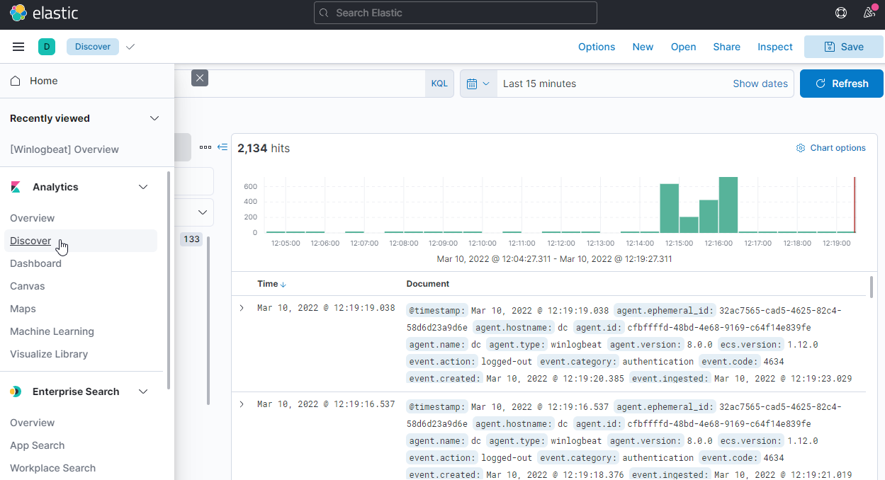 Dashboard for Elastic showing logs being fed in